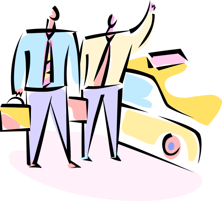 Vector Illustration of Businessmen Hailing Taxicab Taxi or Cab Vehicle for Hire Automobile Motor Car