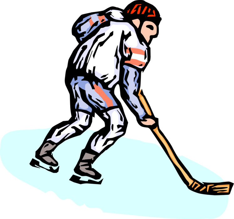 Vector Illustration of Sport of Ice Hockey Player Skates in Game with Hockey Stick