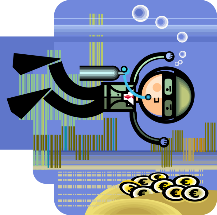 Vector Illustration of Businessman Scuba Diver Diving in Water Discovers Financial Treasure Euro Currency Money Coins