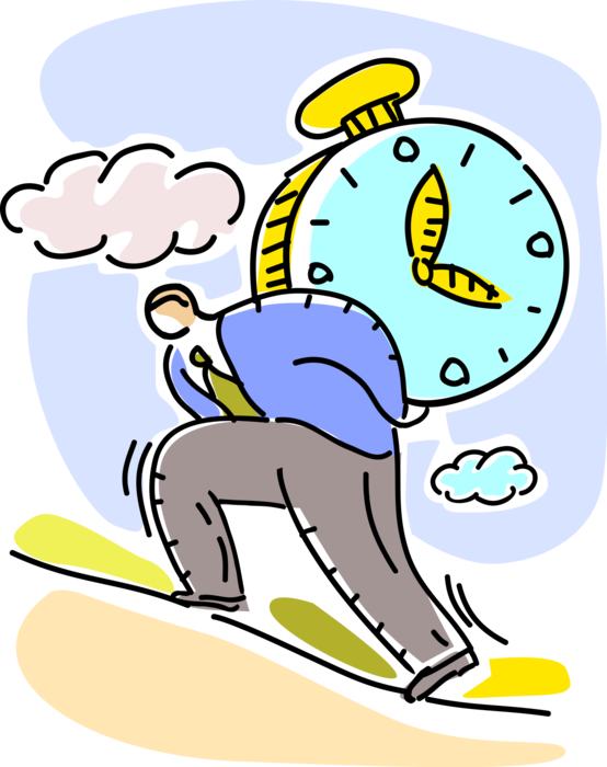 Vector Illustration of Businessman Under Duress Faces Time Constraint Carrying Alarm Clock Up Hill