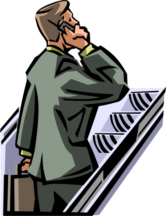 Vector Illustration of Businessman Ascends Escalator Talking on Mobile Cell Phone Telephone