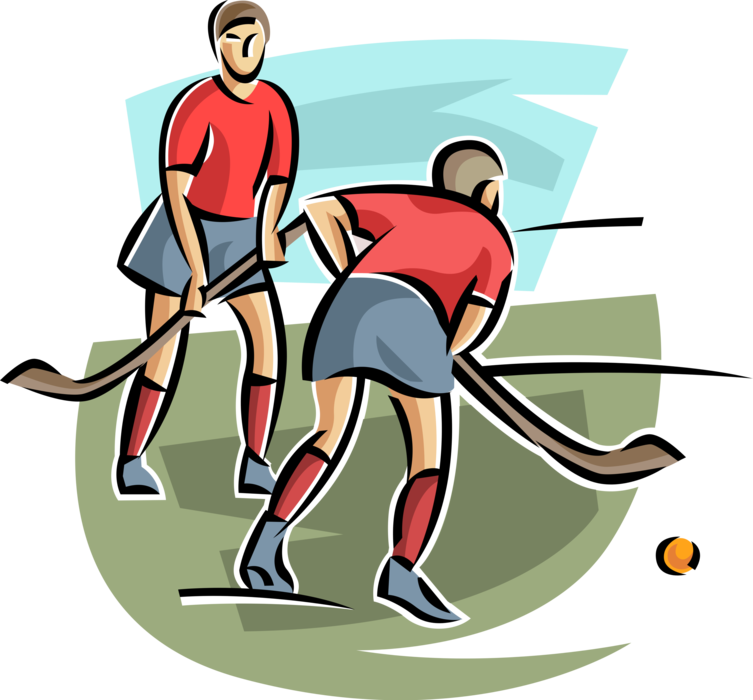 Vector Illustration of Team Sport of Field Hockey Players in Game with Sticks and Ball