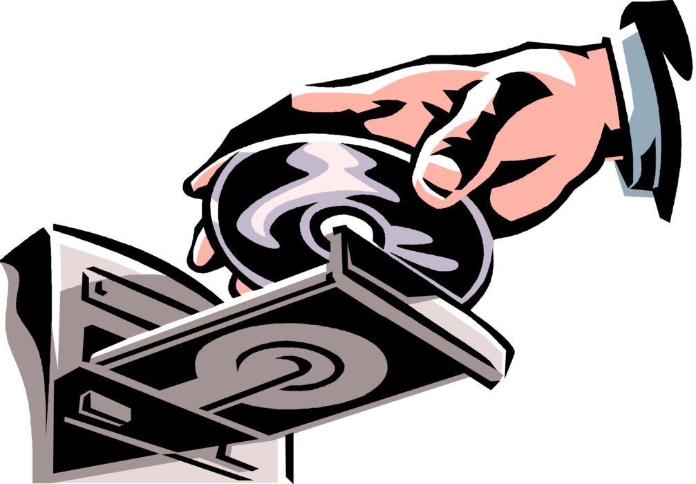 Vector Illustration of Hand Inserts DVD or CD ROM Compact Disc Disk Into Computer Desktop System