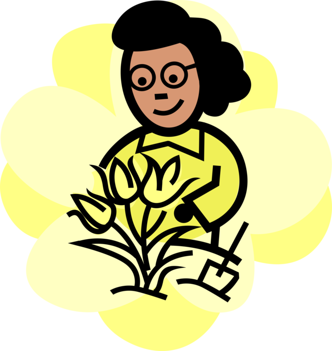 Vector Illustration of Gardener Plants and Maintains Garden Plant Flowers