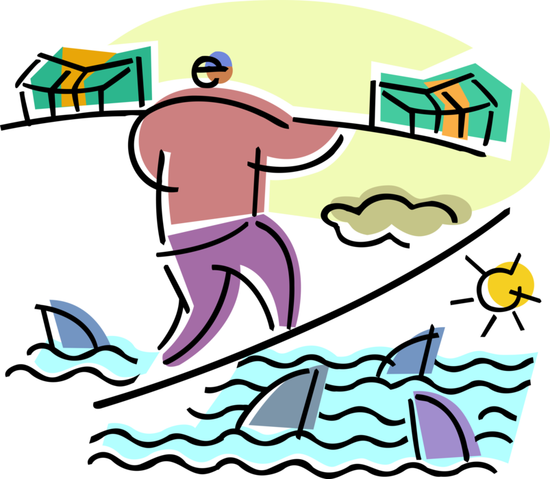 Vector Illustration of Cautious Businessman Balances on Financial Tightrope Highwire Crossing Shark Infested Waters