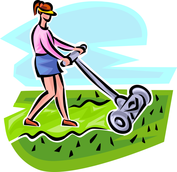 Vector Illustration of Homeowner Cutting the Grass with Yard Work Push Lawn Mower
