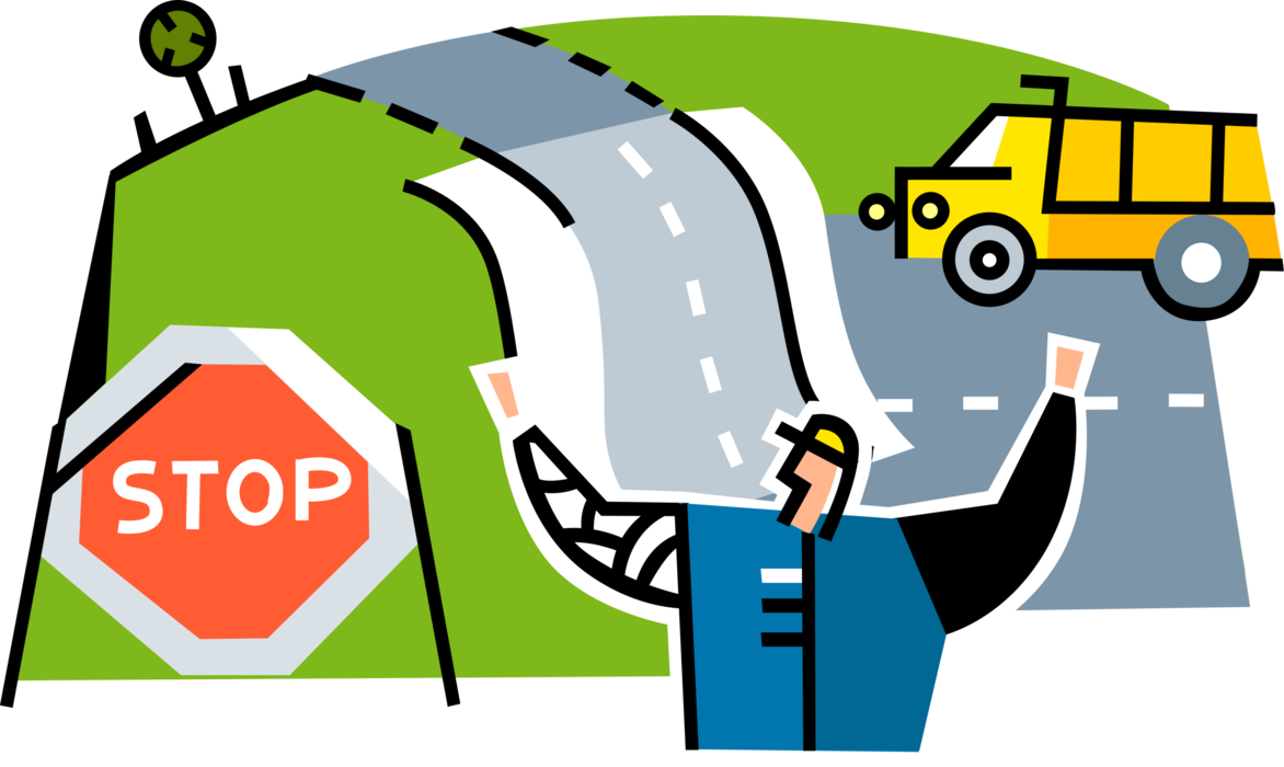Vector Illustration of Road Construction Worker Directs Traffic on Highway with Stop Sign and Dump Truck