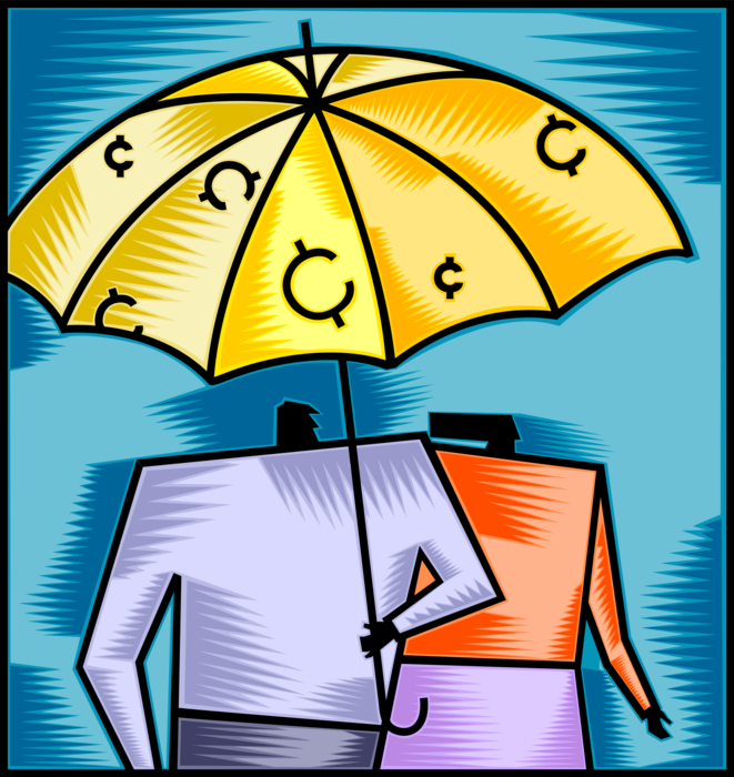Vector Illustration of Business Colleagues Protected Under Financial Risk Insurance Umbrella
