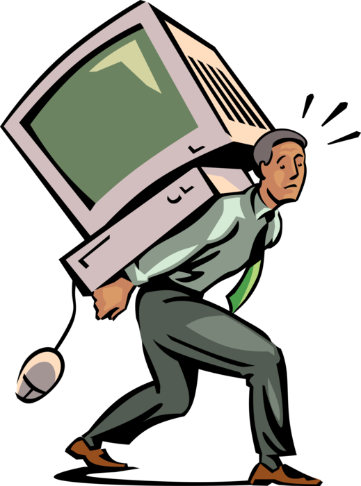 Vector Illustration of Businessman Carries Heavy Personal Computer on Shoulders