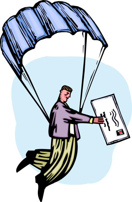 Vector Illustration of Post Office Postman Delivers Airmail Mail Envelope Letter via Parachute Descending to Earth