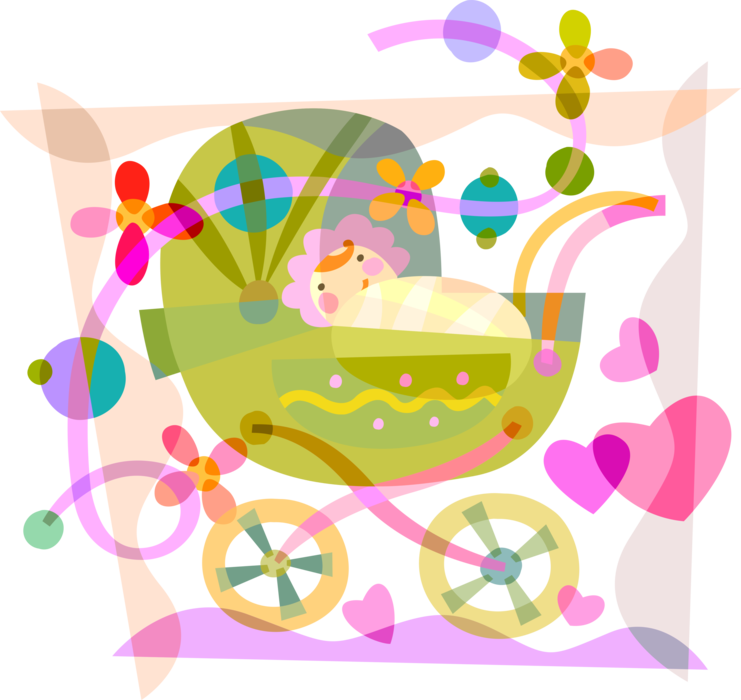 Vector Illustration of Newborn Infant Baby Pram Carriage Stroller with Spring Flowers and Love Hearts