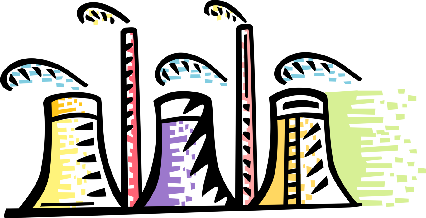 Vector Illustration of Nuclear Power Plant Water Condenser Cooling Towers with Smokestacks