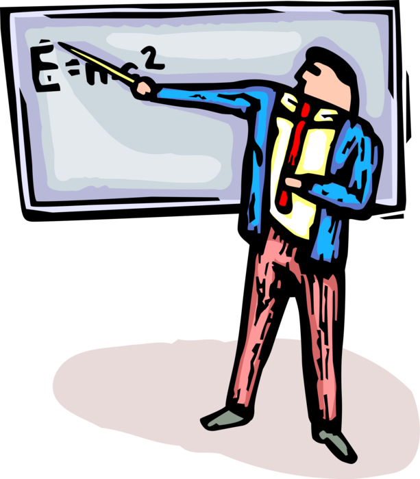 Vector Illustration of School Physics Teacher in Classroom Teaches Einstein's E=Mc2 Formula on Blackboard
