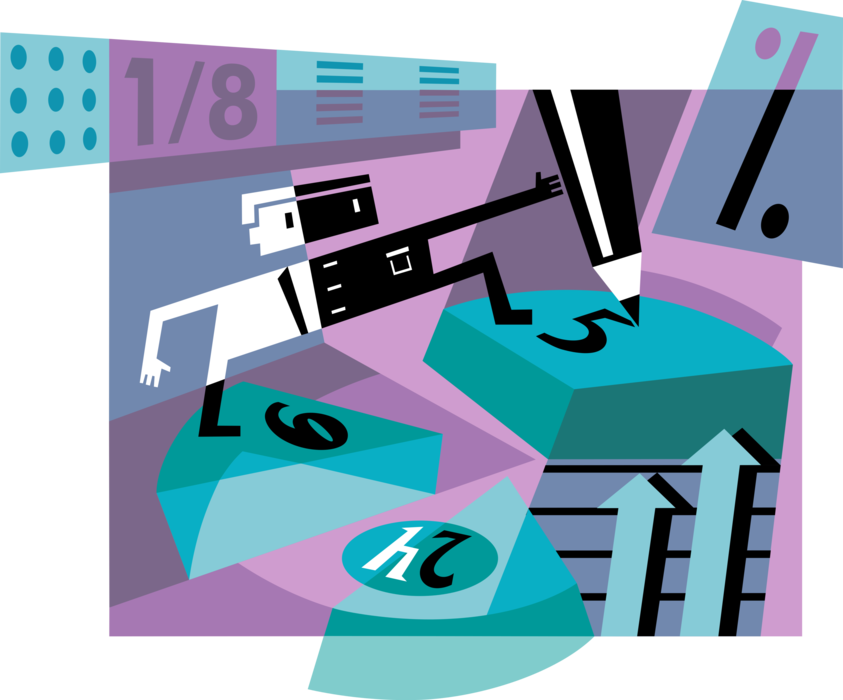 Vector Illustration of Businessman Allocates Numerical Proportion Pie Chart Statistical Graphic Slices