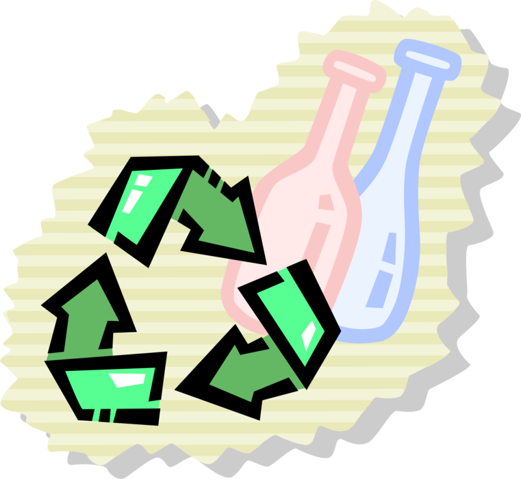 Vector Illustration of Recycling Process Converts Waste into Reusable Objects with International Recycle Logo