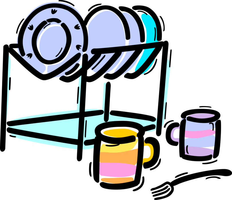 Vector Illustration of Kitchen Dishware Plate Dishes in Rack with Coffee Mug Cups