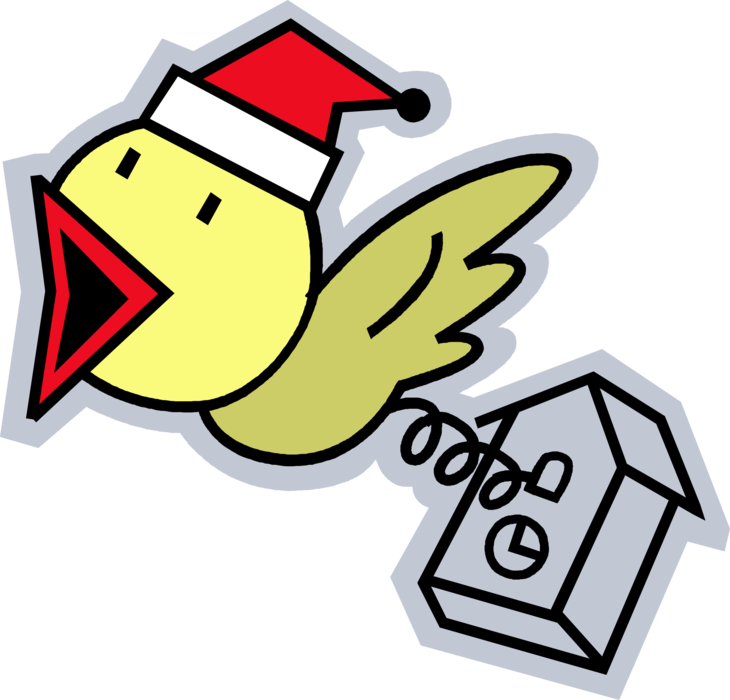 Vector Illustration of Cuckoo Clock Chimes Time at Christmas with Cuckoo Bird in Santa Hat