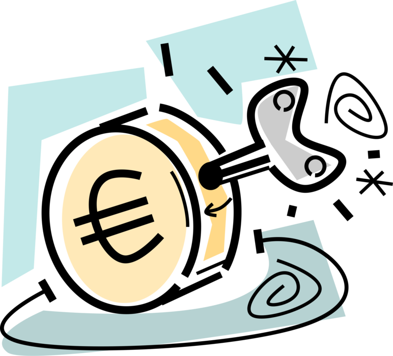 Vector Illustration of Euro Symbol Official Currency Sign of Eurozone in European Union with Wind Up Key