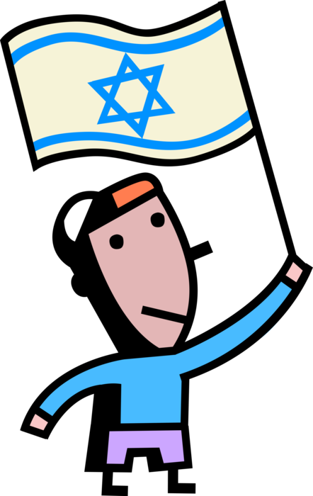 Vector Illustration of Hebrew Jewish Child Waves Flag of Israel with Star of David