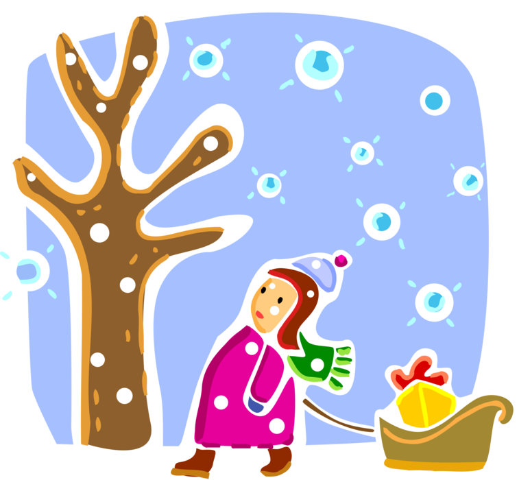 Vector Illustration of Young Girl with Toboggan Sled and Christmas Present Gifts