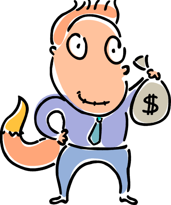 Vector Illustration of Sly as Fox Businessman Reaps Financial Benefits with Cash Money Bag Profits