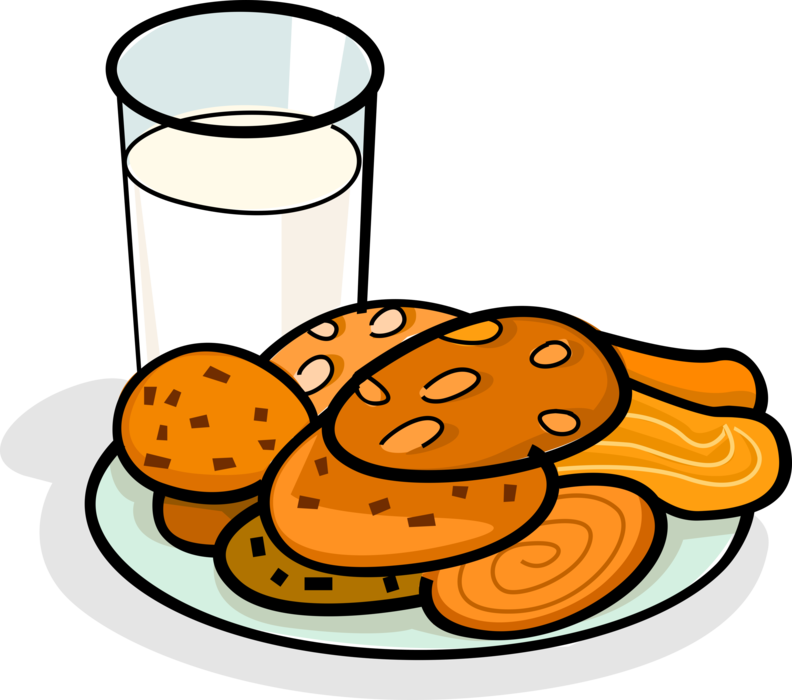 Vector Illustration of Glass of Cold Dairy Milk and Plate of Biscuit Cookie Snacks