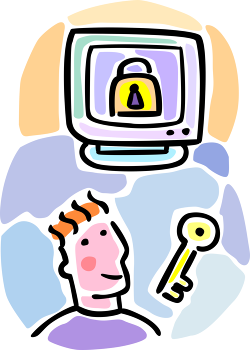 Vector Illustration of Trying to Remember Password to Unlock Personal Computer with Lock and Key