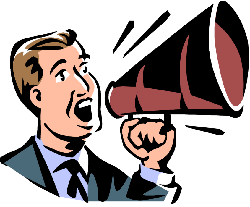 Vector Illustration of Businessman Makes Announcement with Megaphone or Bullhorn to Amplify Voice