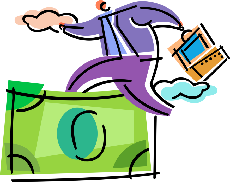 Vector Illustration of Businessman Rides Cash Money Dollar Bill to Financial Success