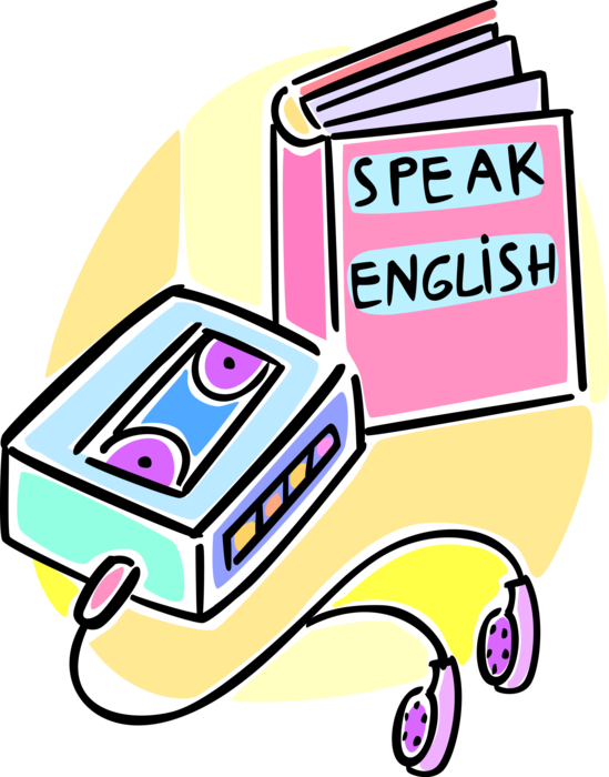 Vector Illustration of Learning to Speak English using Audio Tapes with Tape Recorder and Earphone Earbuds