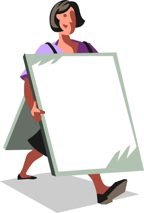 Vector Illustration of Businesswoman Marketer Walks with Sandwich Board Advertisement Blank Sign