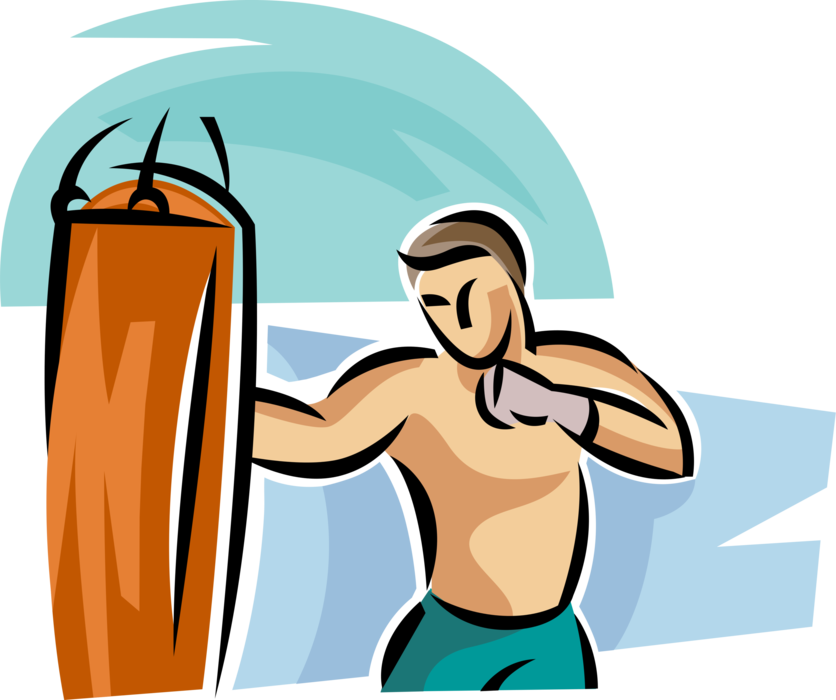 Vector Illustration of Prize Fighter Boxer Punches Heavy Bag During Training Exercise