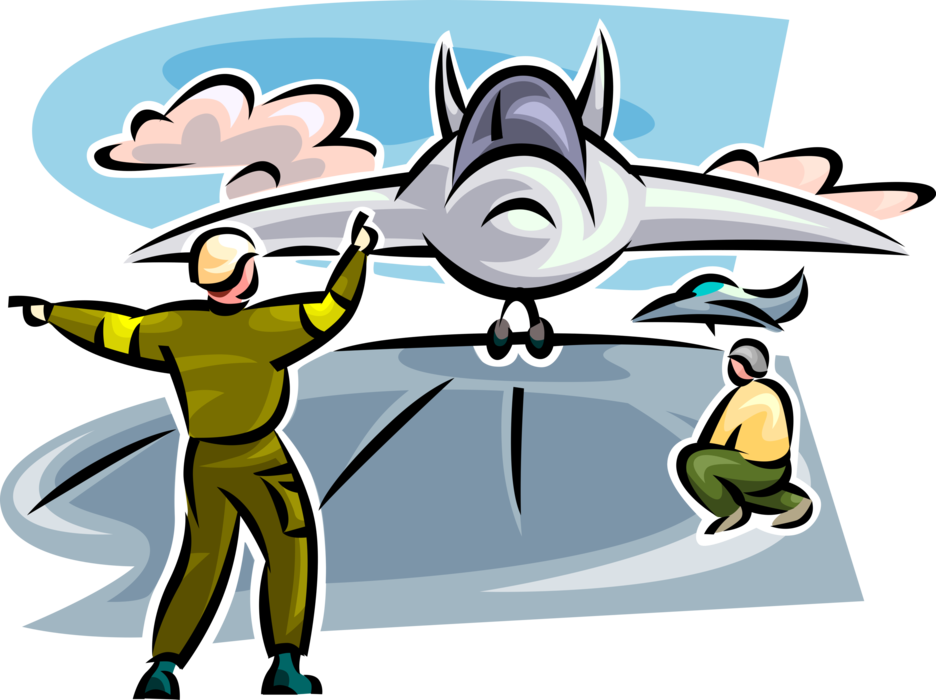 Vector Illustration of United States Air Force Personnel Land Fighter Jet on Aircraft Carrier Seagoing Airbase Warship