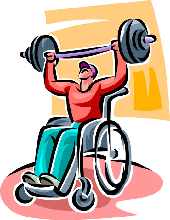 Vector Illustration of Handicapped or Disabled Weightlifter in Wheelchair Lifting Barbell Weights
