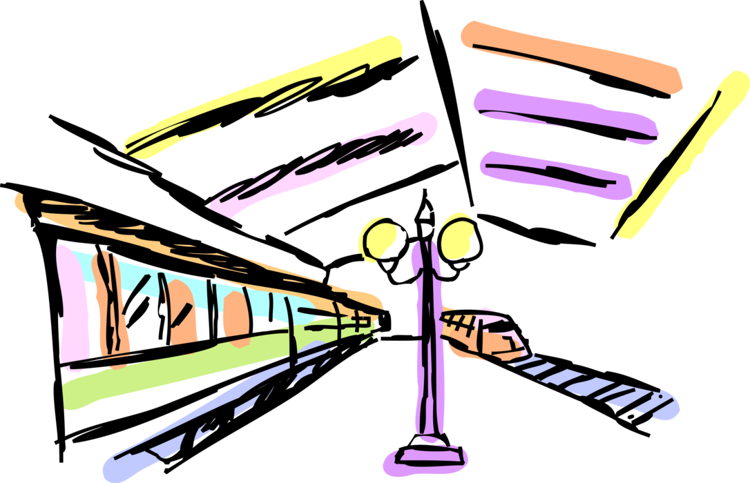 Vector Illustration of Railroad Rail Transport Locomotive Railway Train or Subway Station Loading Platform