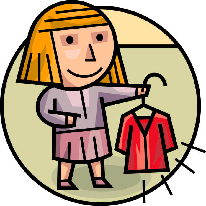 Vector Illustration of Woman Shops for New Dress Garment Apparel at Retail Fashion Store