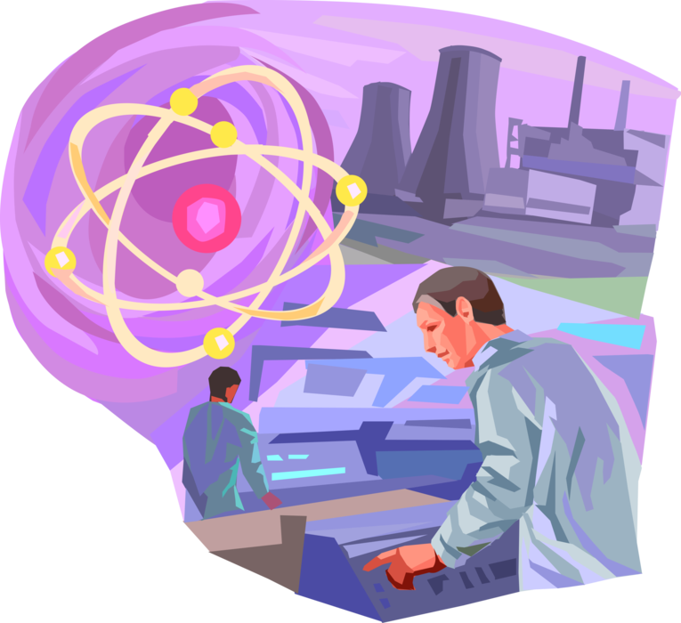Vector Illustration of Nuclear Power Generating Station with Atomic Energy Atom, Water Condenser Cooling Towers