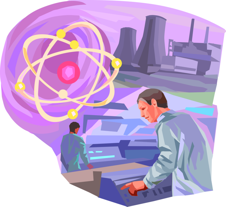 Vector Illustration of Nuclear Power Generating Station with Atomic Energy Atom, Water Condenser Cooling Towers