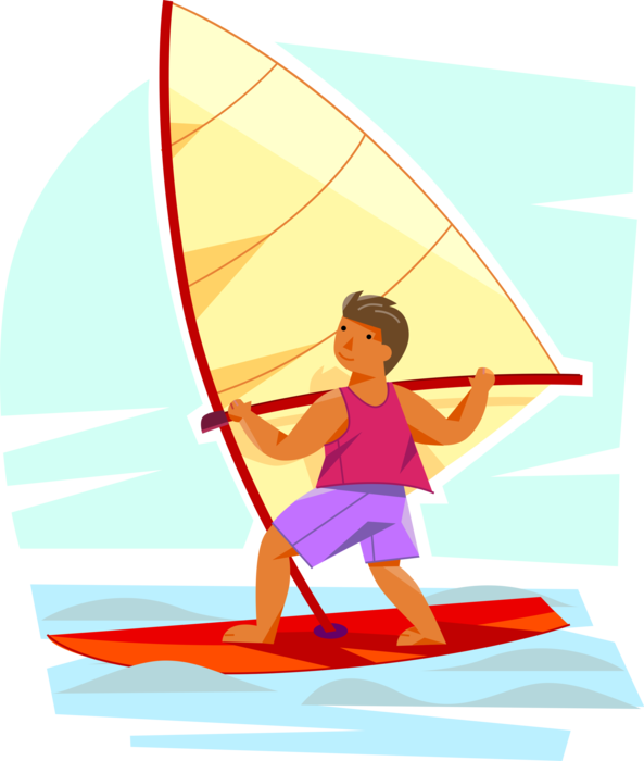 Vector Illustration of Young Windsurfer Windsurfing on Sailboard Powered by Wind on Water