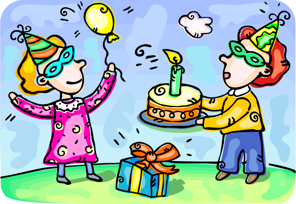 Vector Illustration of Party Goers Celebrate with Birthday Cake, Balloon, Party Hats and Masks