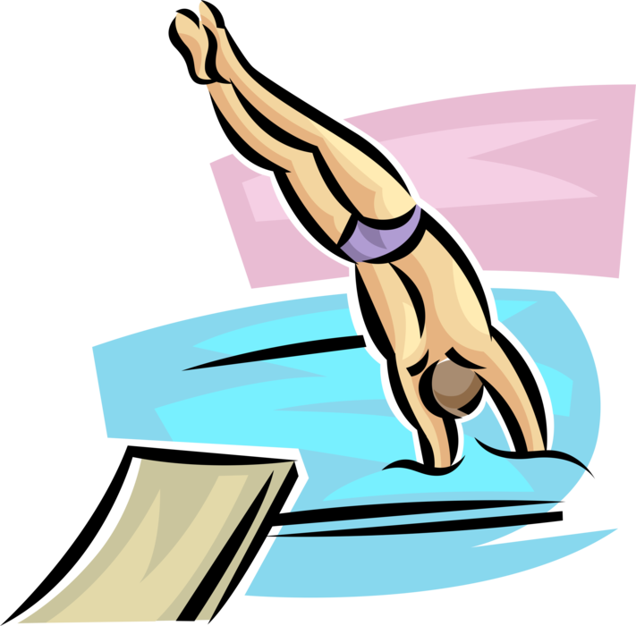 Vector Illustration of Diver Dives from Diving Board into Swimming Pool in Competitive Swim Meet
