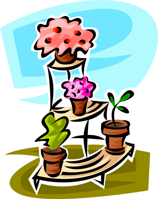Vector Illustration of Potted Houseplant Plants on Plant Display Stand