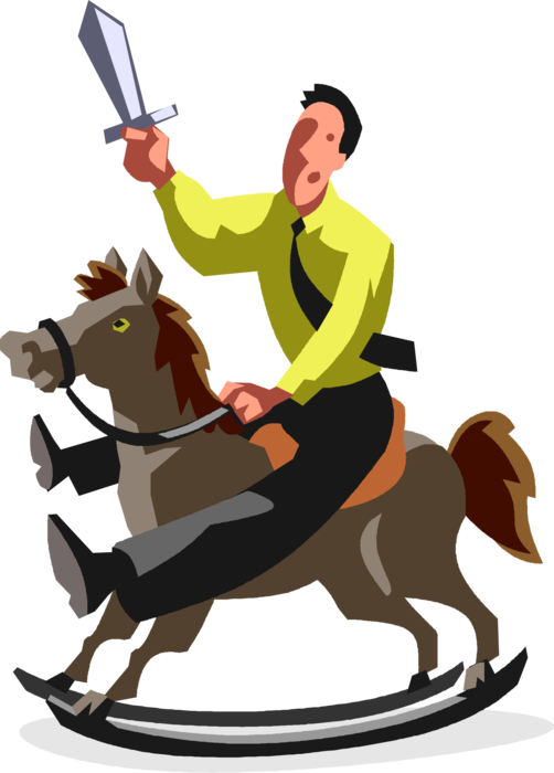 Vector Illustration of Businessman Rides to Rescue on Rocking Horse with Sword in Hand