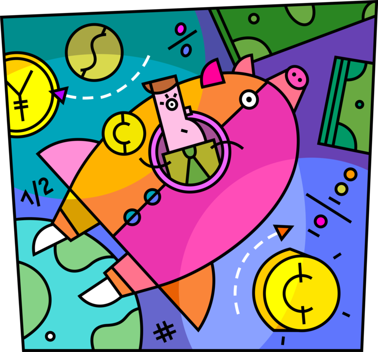 Vector Illustration of Businessman Rockets to Corporate Financial Success in Piggy Bank Rocketship with Cash Money