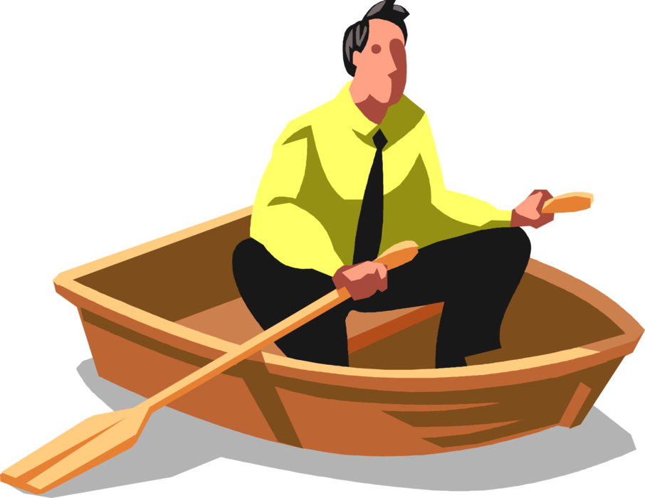 Vector Illustration of Insecure Businessman Left Cast Away and Stranded in Rowboat Rowing with Oar Paddles