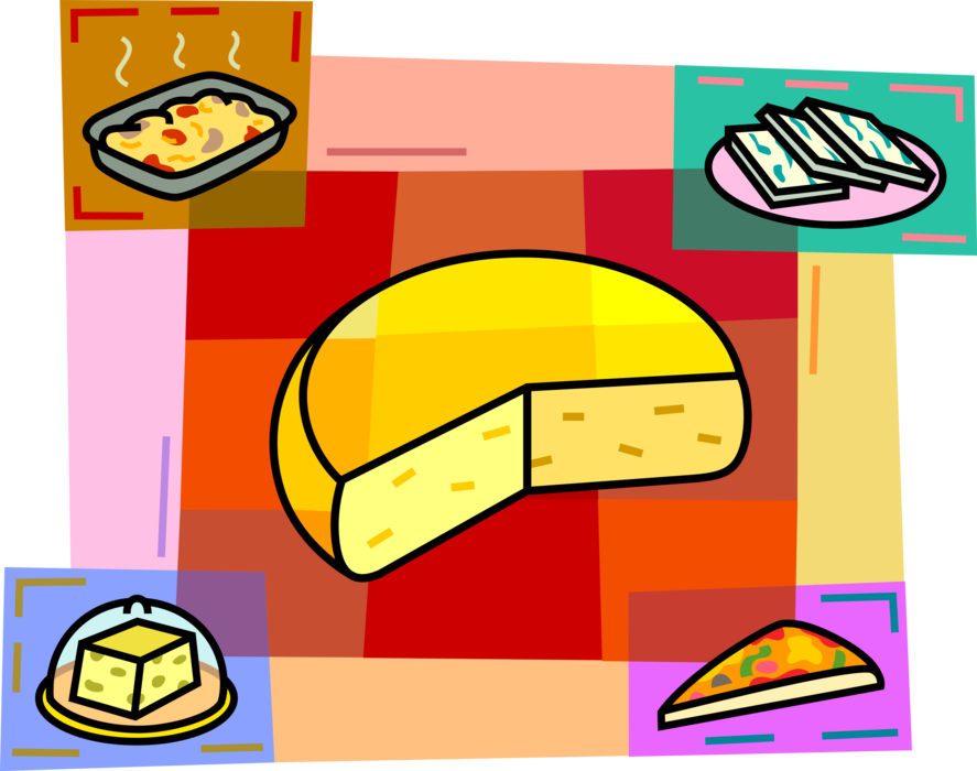 Vector Illustration of Netherlands Dutch Gouda Cheese Wheel with Pasta and Pizza