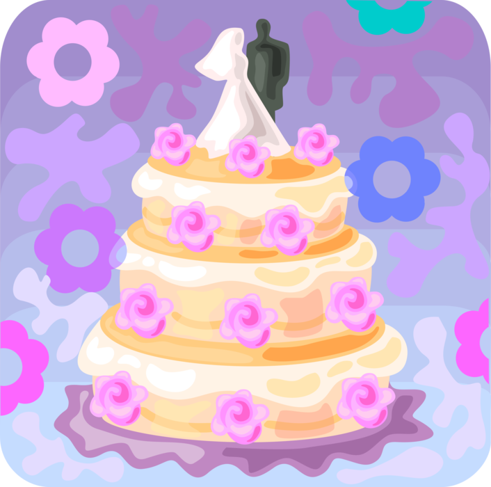 Vector Illustration of Wedding Cake Traditional Cake Served at Wedding Receptions with Bride and Groom Topper Figurines