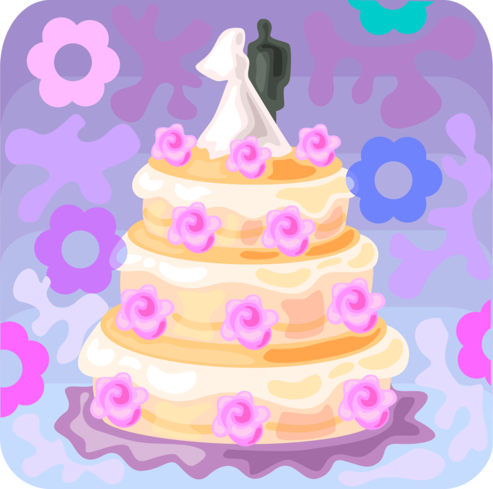 Vector Illustration of Wedding Cake Traditional Cake Served at Wedding Receptions with Bride and Groom Topper Figurines