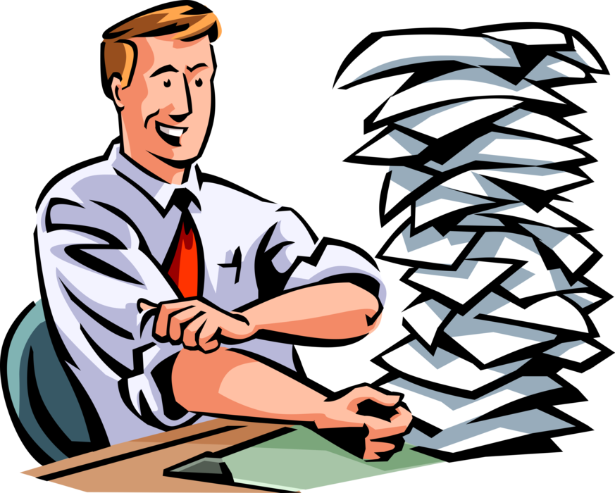 Vector Illustration of Businessman Rolls Up Shirt Sleeves to Tackle Office Paperwork Backlog