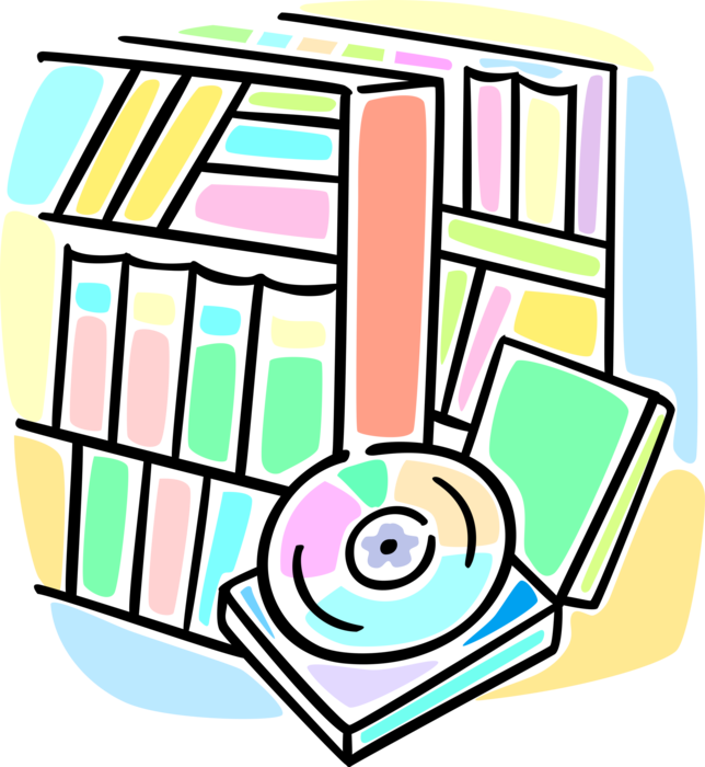 Vector Illustration of School Library Books on Bookshelves with Digital Multimedia DVD Data Storage Disc